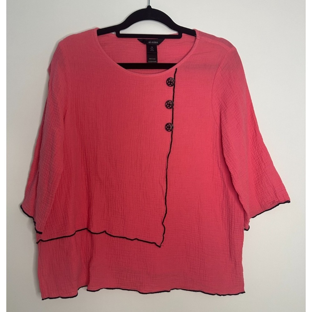 Ali Miles Pink Cotton Gauze Asymmetrical Button Blouse 3/4 Sleeve Petite Medium - Picture 3 of 10